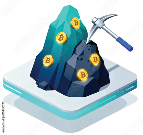 3D Isometric Bitcoin Mining Concept with Pickaxe on Digital Mountain