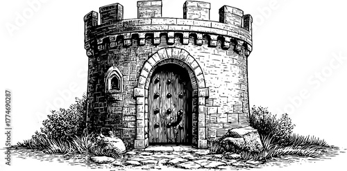 Medieval castle door with rounded tower and metal rivets - engraving style for vintage design