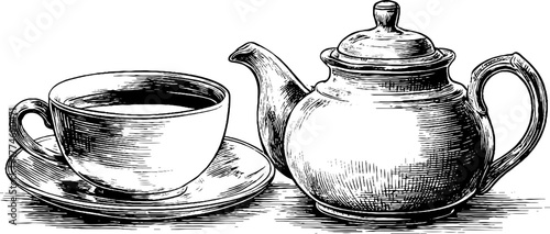 Minimalist engraved teapot and teacup arrangement for retro kitchen design