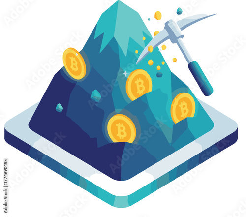 3D Isometric Bitcoin Mining Concept with Pickaxe on Digital Mountain