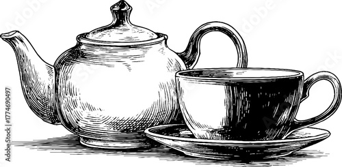 Engraved minimalist teapot and teacup sketch for retro kitchen design