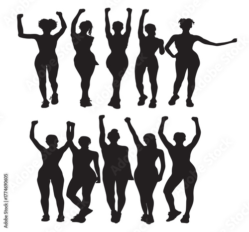 Silhouettes of a diverse group of fitness women happily celebrating. Smiling diverse fit women, happy expressions. Diverse women in sportswear smiling happily. Healthy diverse happy women at the gym.