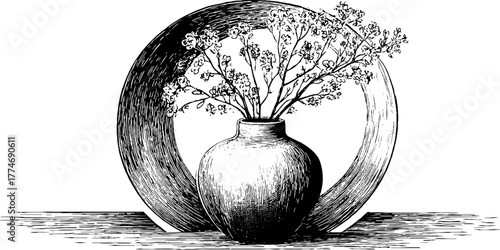 Minimalist engraved vase composition with blossoms for interior design and decor