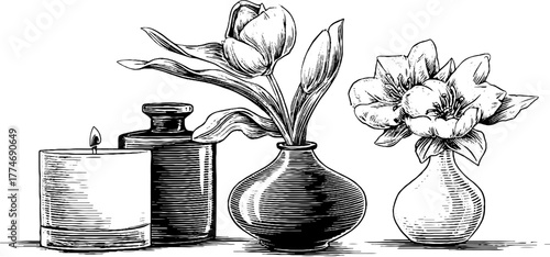 Engraved minimalist composition featuring candle and flowers in vases