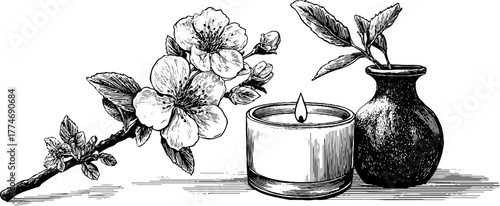 Minimalist candle and flower composition for tranquil interior decor