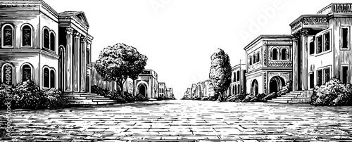 Minimalist linear frame with modernist architecture and trees engraving design