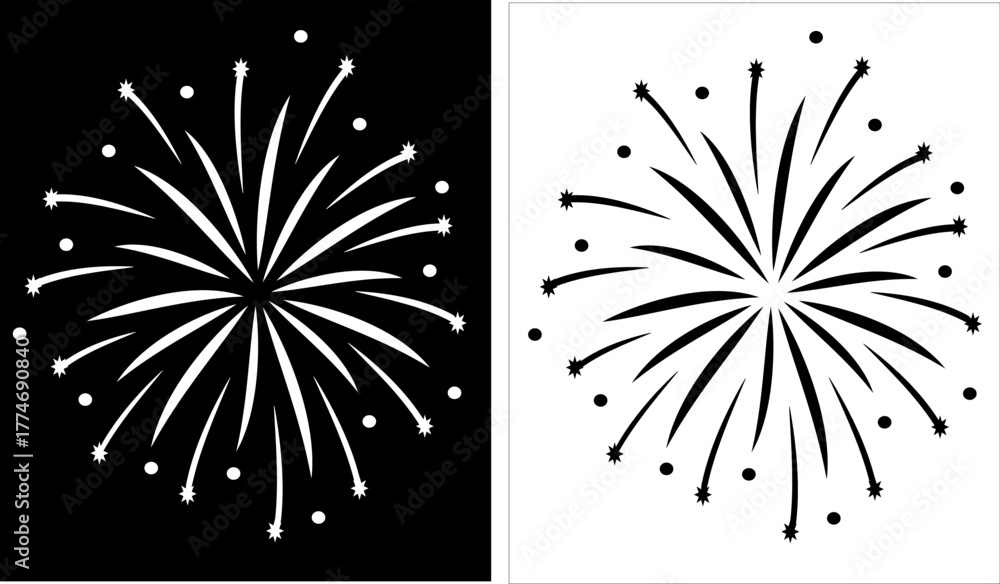Obraz premium Silhouette Fireworks vector icon. Black and White firework with Star . Design for New Year, holiday greetings and party invitations