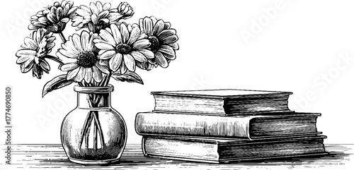 Elegant still life with engraved flower vase and stacked books for vintage decor