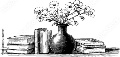 Engraved minimalist still life with flower vase and stacked books for vintage home decor
