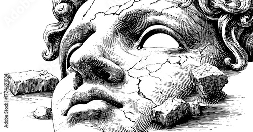 Engraved modern composition of broken marble face with circular elements