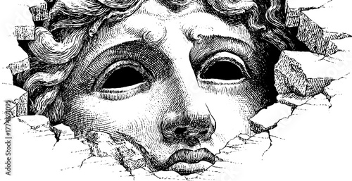 Modern artistic composition of engraved broken marble face and circular elements