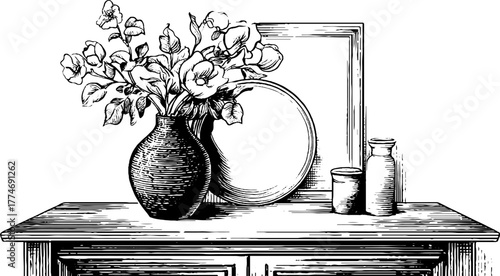 Elegant floral arrangement with mirror and vase in vintage engraving for art prints and decor