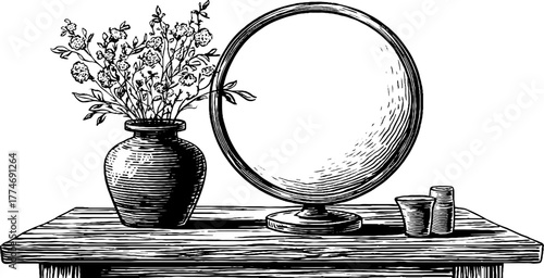 Modern decorative vase and mirror composition – hand drawn engraved art for design