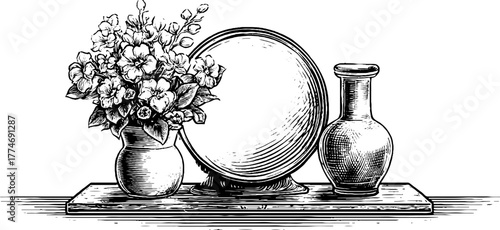 Modern decorative composition with vase and mirror - engraved vintage art for interior design