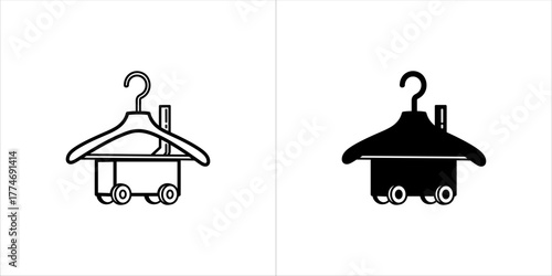 Vector art of black and white outline and silhouette of a clothes hanger with a house on wheels
