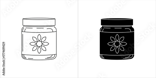 Vector art of black and white outline and silhouette of a jar with a flower label