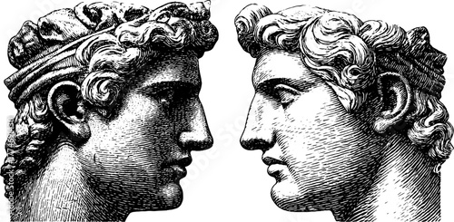 Symmetrical collage of facing statues engraving