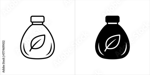 Vector art of two icons of a bottle with a leaf symbol, one in outline and one in black