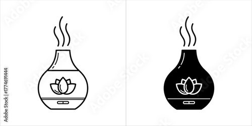Vector art of two icons of an aroma diffuser with a lotus flower, one in outline and one in black