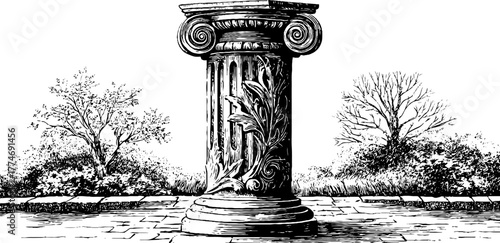 Modernist concrete column with engraved minimalist design in nature setting for architectural projects