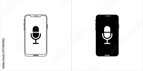 Vector art of two icons of a microphone on a smartphone screen, one in black and white