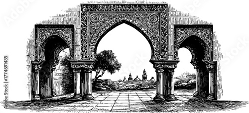 Intricate moorish arch with lacework patterns for architectural print design