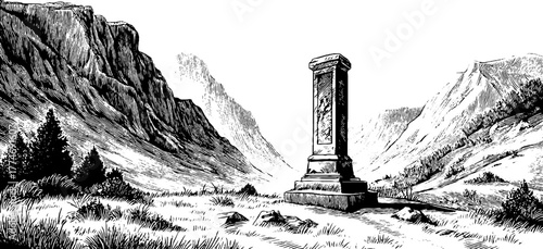 Vintage mountain valley with solitary stone monument - hand drawn landscape for retro design