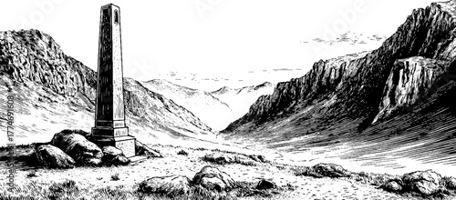 Vintage mountain valley landscape with solitary stone monument illustration for design