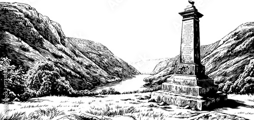 Engraved mountain valley scene with solitary stone monument in retro style for vintage design