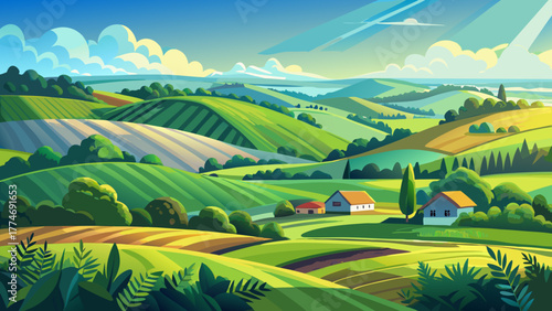 Very beautiful soothing greenery and serene countryside landscape of Iowa, USA, featuring rolling hills, open fields, and peaceful rural scenery under a soft blue sky during a calm sunny day.