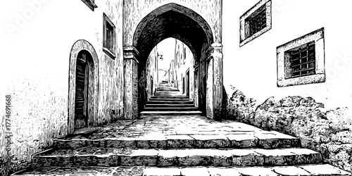 Vintage narrow alleyway with stone arch and steps in hand-drawn style