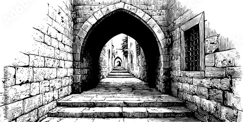 Vintage engraving of a narrow alleyway with stone arch and steps