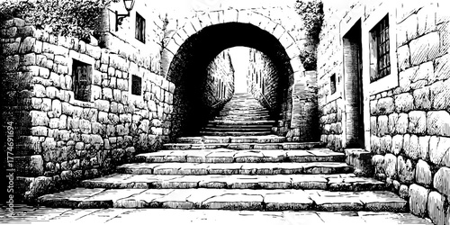 Vintage engraving of narrow stone alleyway with arch and steps leading upward