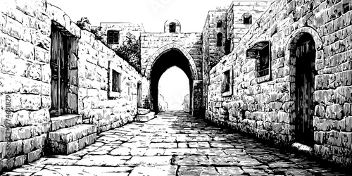 Vintage engraving of narrow stone alley with archway and cobblestone paving for retro design projects