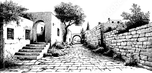 Vintage engraved narrow stone alley with archway and cobblestone path for historical design