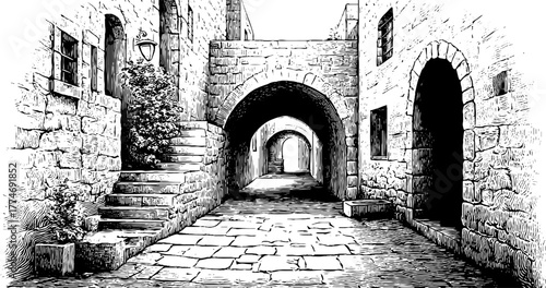 Charming vintage alley with stone archway and cobblestone pathway for retro urban design