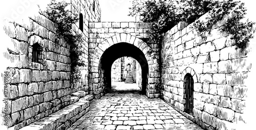 Narrow cobblestone alley with stone archway and vintage engraving design