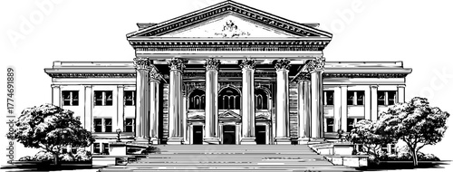 Neoclassical architectural design featuring arched entrance with fluted columns for historical decor