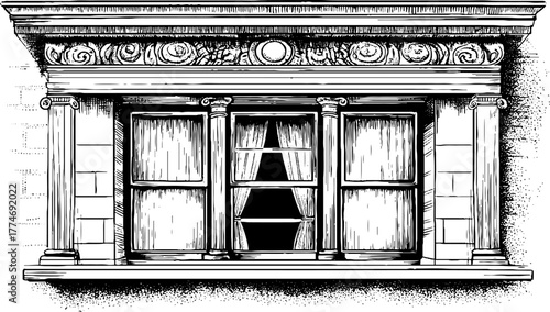 Neoclassical engraved window with ornate corn design for architectural decor