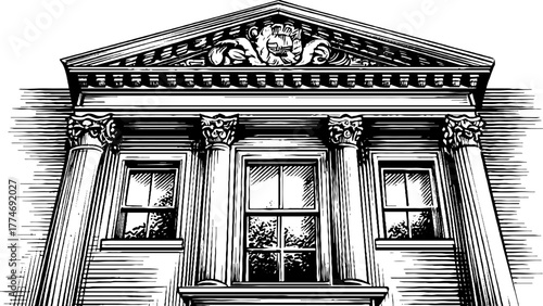 Neoclassical rectangular window with ornate corn motif - vintage architectural design sketch