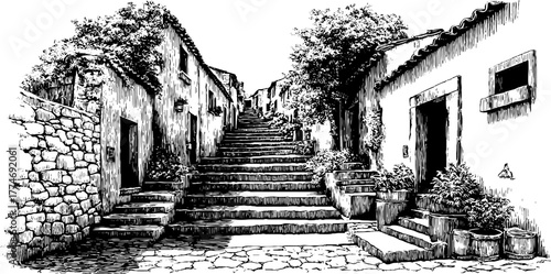 Engraved old staircase amidst stone houses leading upward in vintage style