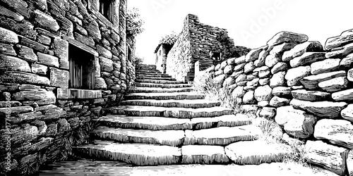 Vintage engraving of old stone staircase between historic houses, perfect for retro design