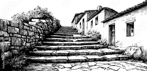 Vintage engraving of old stone staircase leading upward between rustic houses