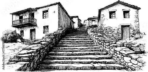 Vintage engraving of old stone staircase ascending between rustic houses