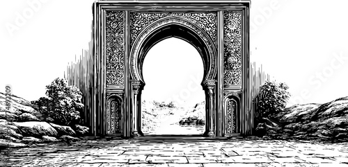 Oriental gateway with horseshoe arch and decor in vintage engraving style