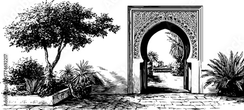 Ornate oriental gateway frame with horseshoe arch and decorative elements in vintage style for design purposes