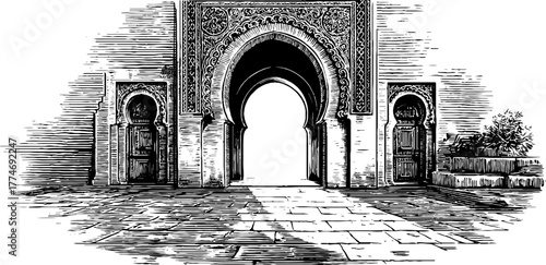 Gateway frame horseshoe arch decor engraved oriental architectural intricate design vintage sketch hand drawn engraving illustration. Classic eastern entrance with elegant detailed craftsmanship.
