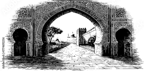 Oriental horseshoe archway with intricate decor and landscape view