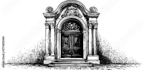Ornate baroque doorway with curved pediment and floral details for architectural design