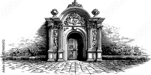 Ornate baroque doorway with curved pediment engraving for vintage design